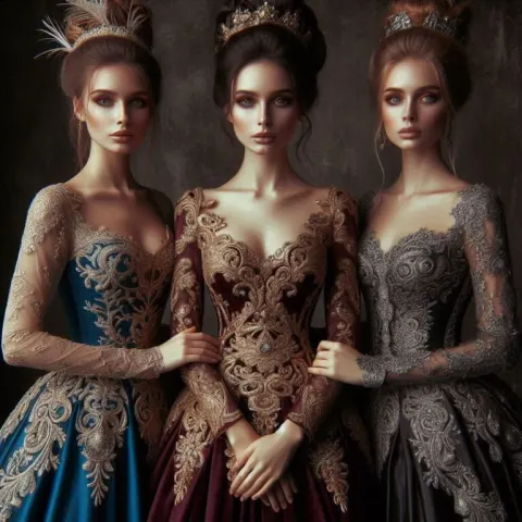 Elegant Women in Elaborate Gowns with Gold Details