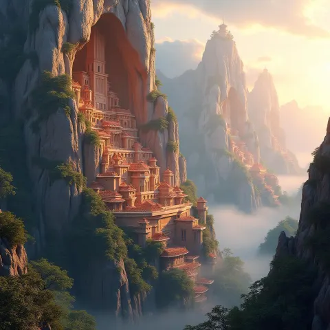 Fractal Cityscape Carved Into a Mountain Wall