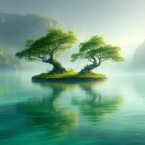 Twin Ancient Trees Mirrored on Mystic Waters