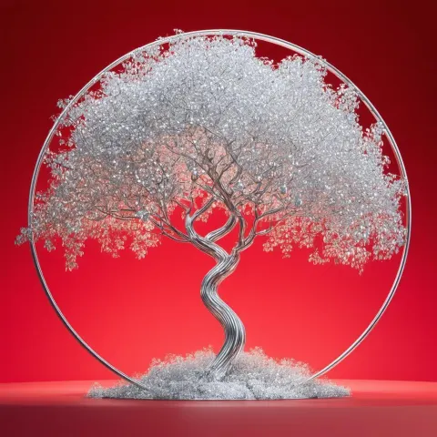 Silver Tree Aglow on Deep Red Ground