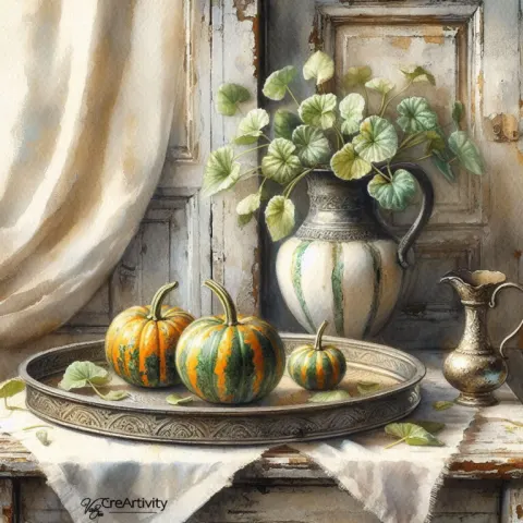 Vintage Squash Still Life on Shabby Table