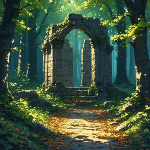Hand Drawn Forest Ruin in Autumn Leaves