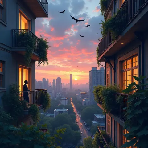 City Balcony at Dusk With Soaring Birds