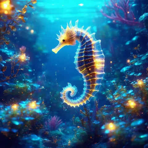 Neon Seahorse Gliding Through Electric Blue