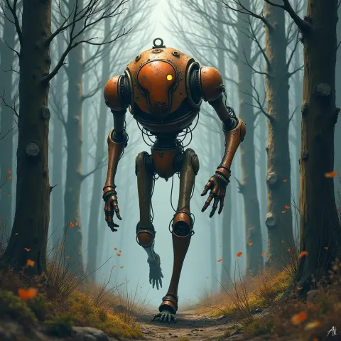 Rusty Scavenger Android Sprinting Through Tundra