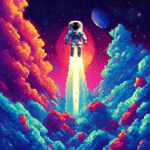 Pixelated Astronaut Blasting Into Blocky Skies
