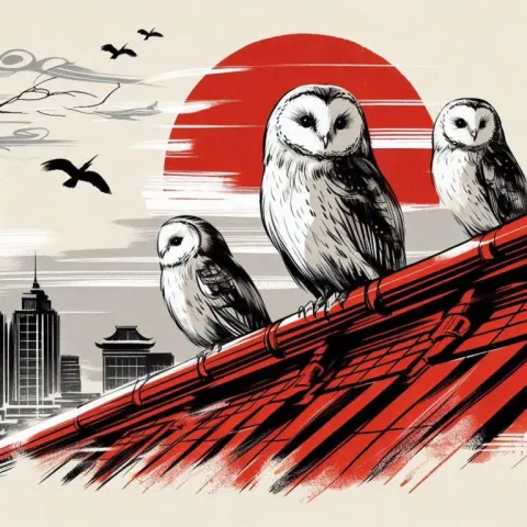 Owls Perched on Minimal Red Rooftop