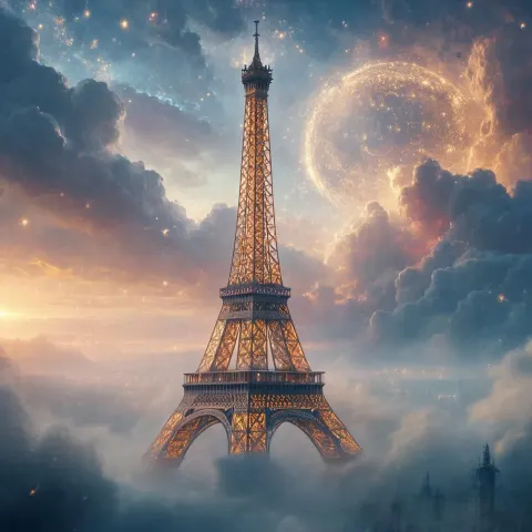 Rune Etched Eiffel Tower in Mythic Mists