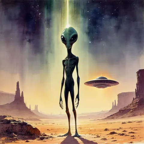 Tall Alien in a Misty Desert Night