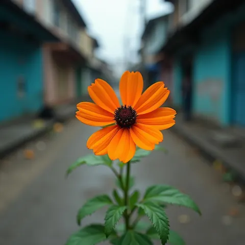 Orange Bloom Amid Blue Urban Webs
