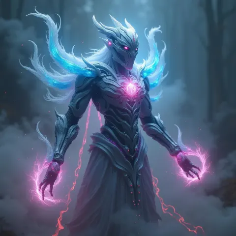 Robot Shaman With Glowing Runes and Mists