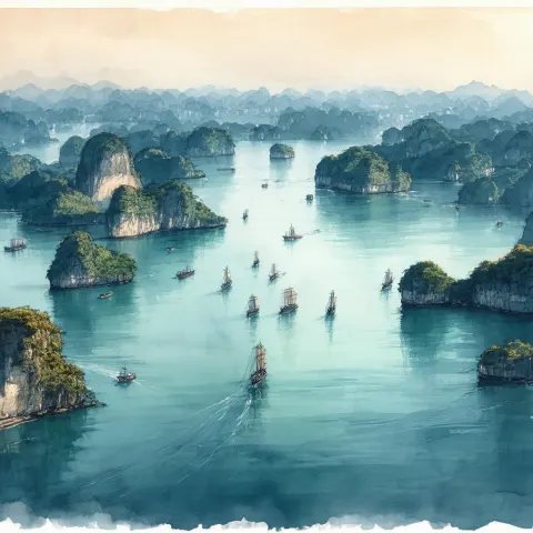 Aerial Ha Long Bay in Watercolor Linework