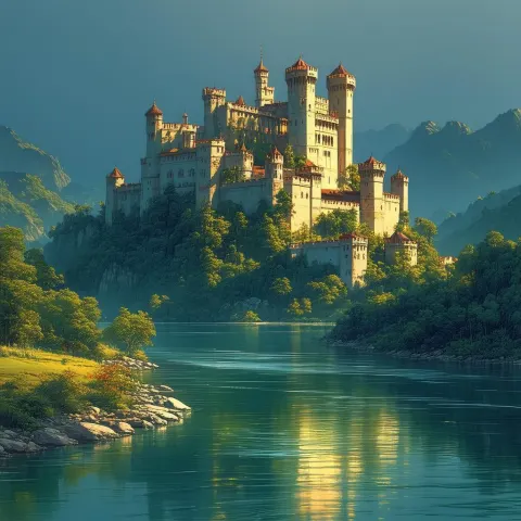 River Castle at Golden Hour in Manga