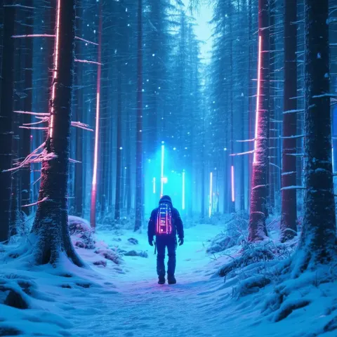 Neon Adventurer in a Futuristic Snowy Forest
