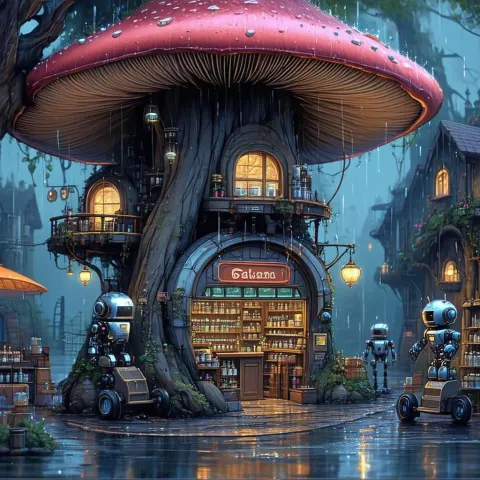 Rainy Apothecary Shop Atop a Giant Mushroom