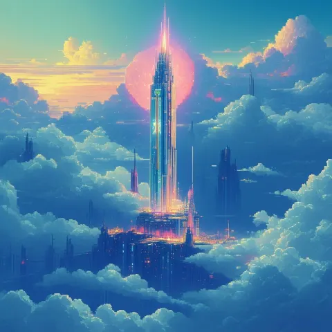 Chrome Pixel Tower Rising From Clouds