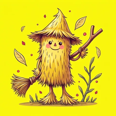Whimsical Straw Figure Sweeping Swirling Leaves
