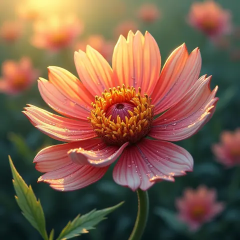 Hand Drawn Fantasy Flower With Dew Drops