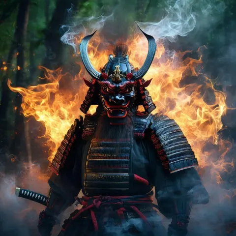 Demon Samurai Mask in Ethereal Flames