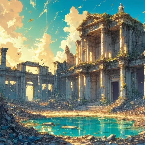 Golden Hour Ruin With a Proud Statue