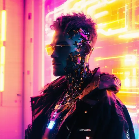 Handsome Cyberpunk Cyborg in Neon Moodlight