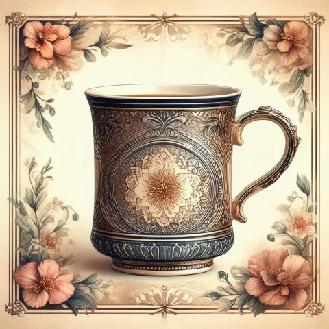 Vintage Coffee Mug Framed by Floral Motifs