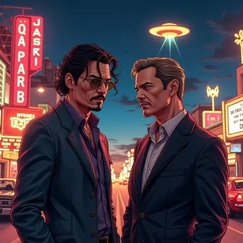 Depp and Selleck Under a Vegas UFO