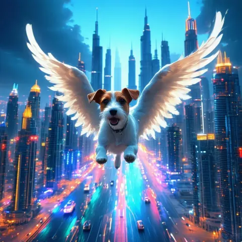 Winged Jack Russell Over Neon Dubai