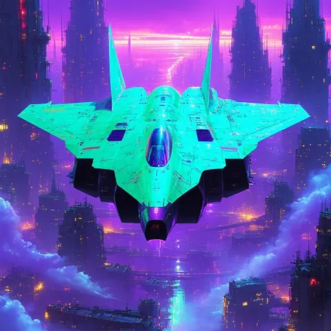 Neon Purple Alien Jet Over Ruined City
