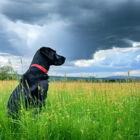 Black Dog With Red Collar Facing Storms