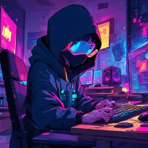 Cel Shaded Hacker in a Shadowy Den