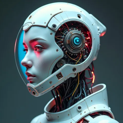 Biomechanical Head in Iridescent Space Helmet
