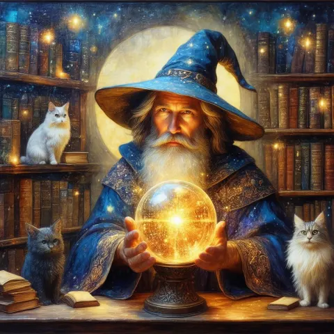 Encaustic Wizard With Orb and Companions