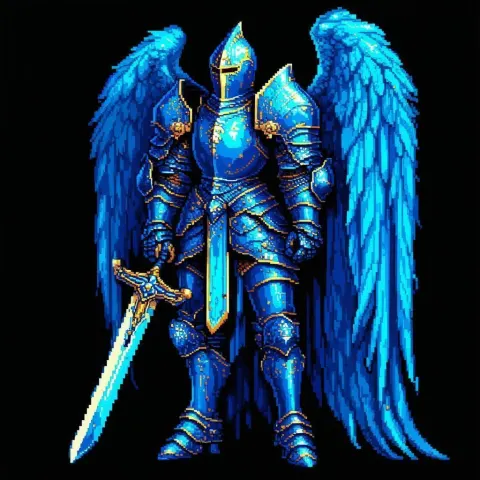 Kneeling Pixel Knight in Blue and Gold