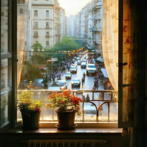 Sunset Street Through an Apartment Window