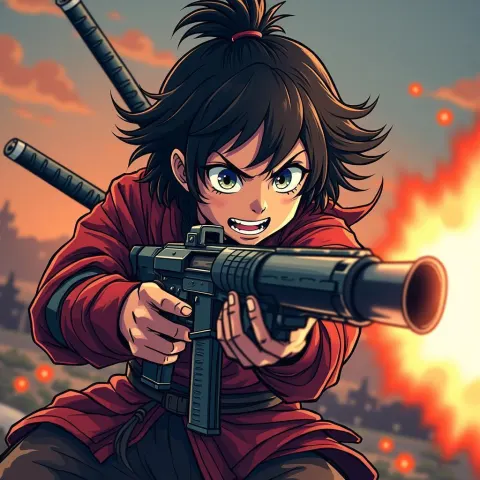 Samurai Firing a Machine Gun in Anime