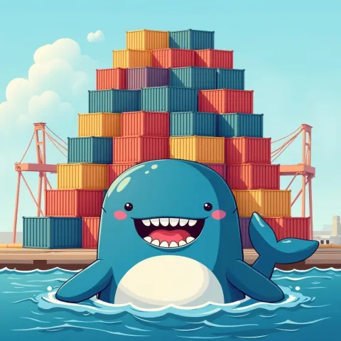 Joyful Whale Before Stacked Port Containers