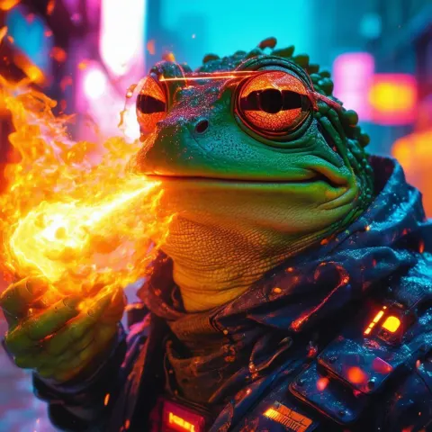 Neon Pepe Hurling a Vibrant Fireball