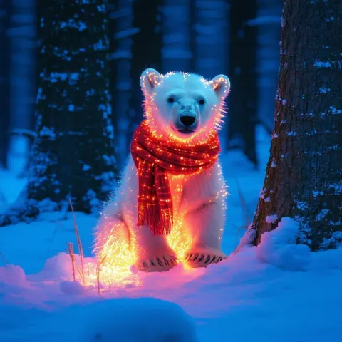 Neon Polar Bear Cub in Red Scarf
