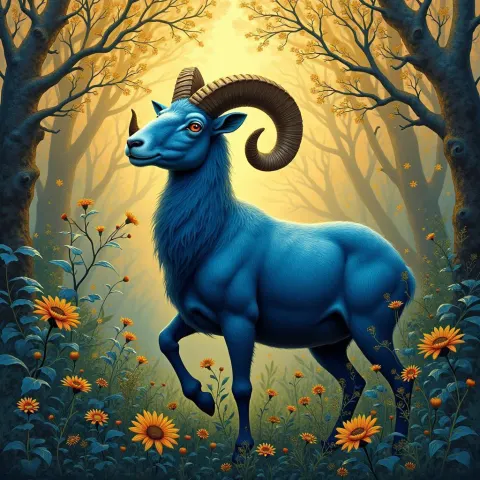 Majestic Blue Ram in a Golden Garden