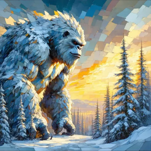 Cubist Yeti Among Snow Covered Trees