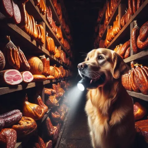 Dog with Flashlight in Dark Cellar