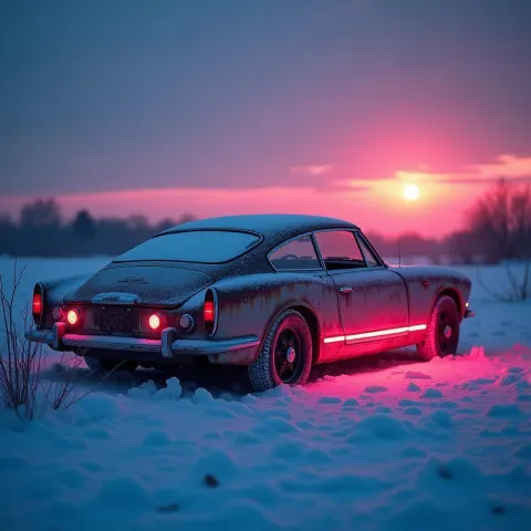 Weathered Car Glowing in Neon Winter