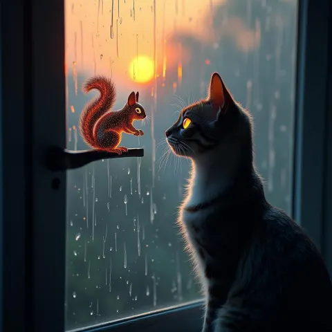 Neon Cat Watching a Holographic Squirrel