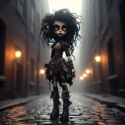 Gothic Doll Character in Foggy Alley