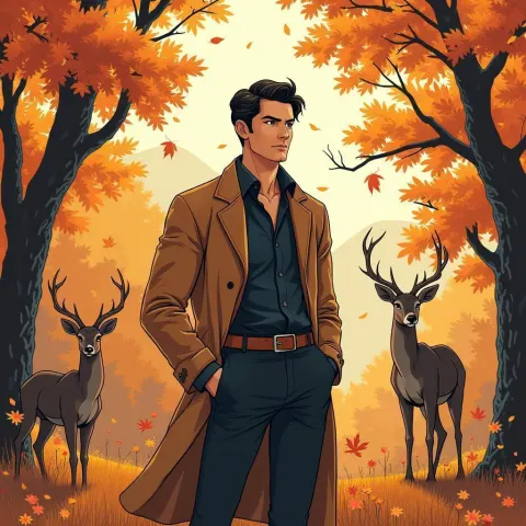Stylish Man With Deer in Autumn Manga
