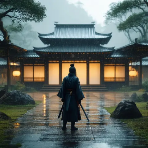 Serene Ninja Before a Temple in Rain