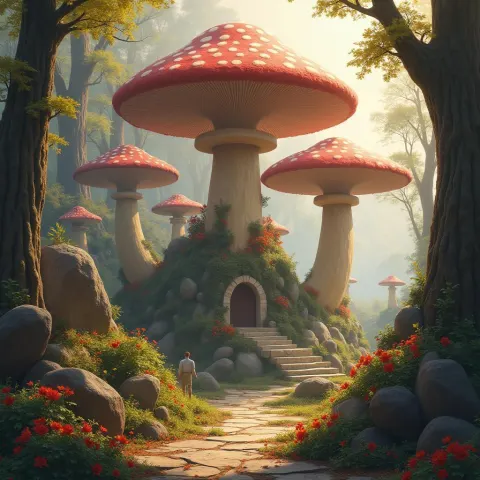 Mushroom Temple in Golden Fantasy Light