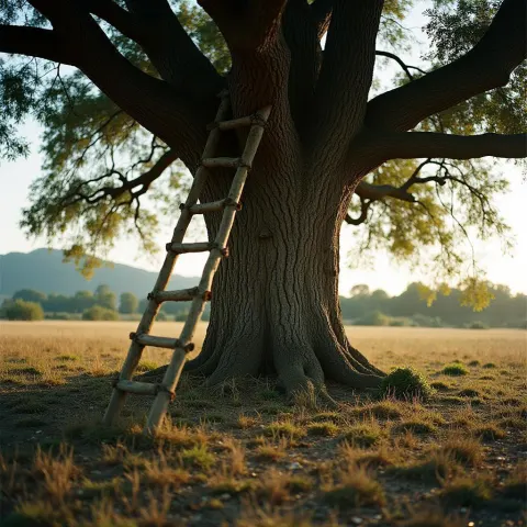 Bamboo Ladder Against an Ancient Oak