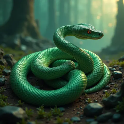 Iridescent Green Snake Coiled in Otherworld